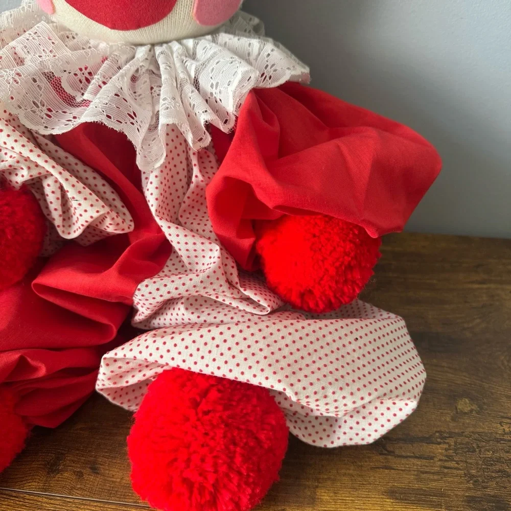 Vintage Large 26‎ Inch Cloth Clown Doll Red White Polka Dot Lace Yarn Hair